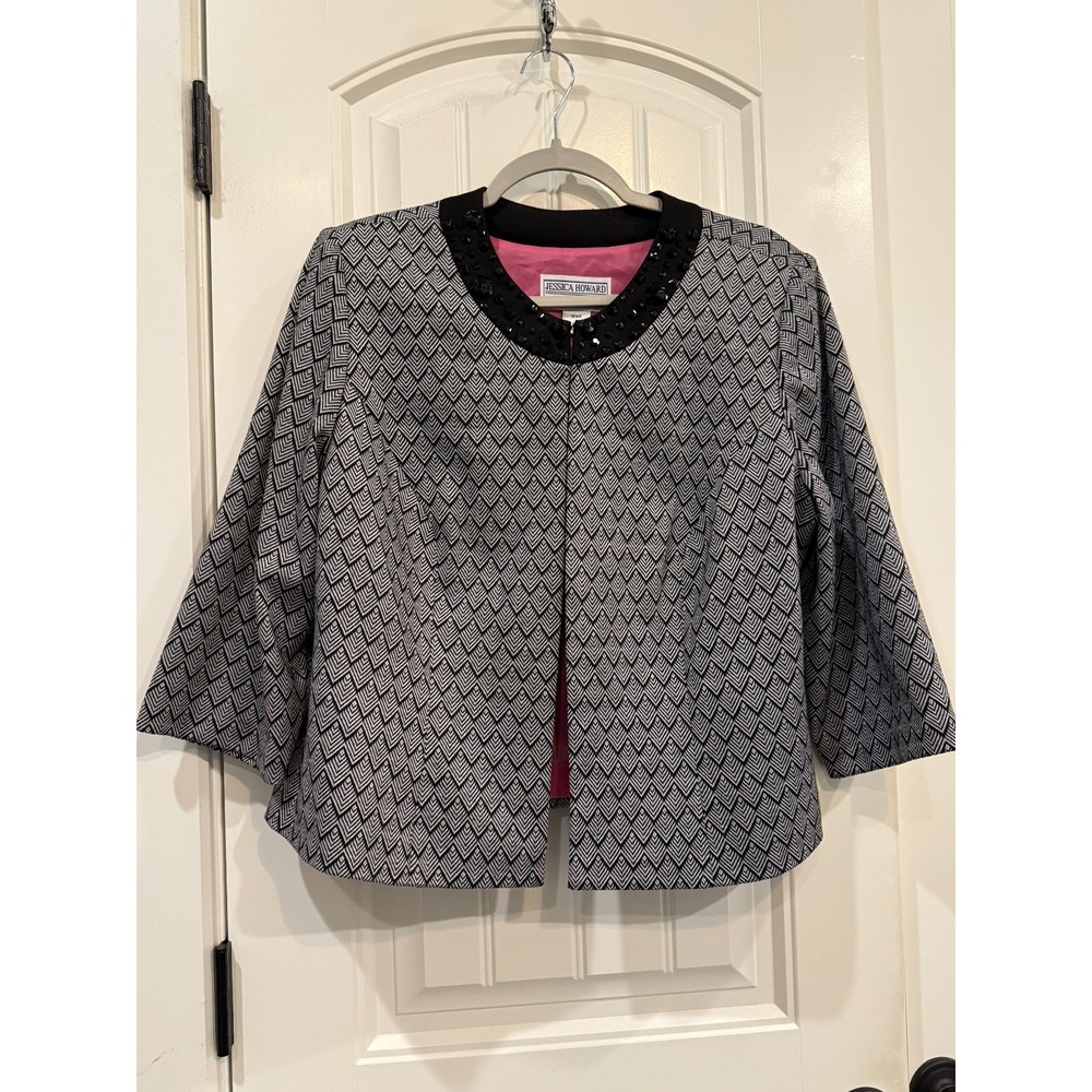 Jessica Howard Womens Petite Blazer Black White Geo Rhinestone Collar‎